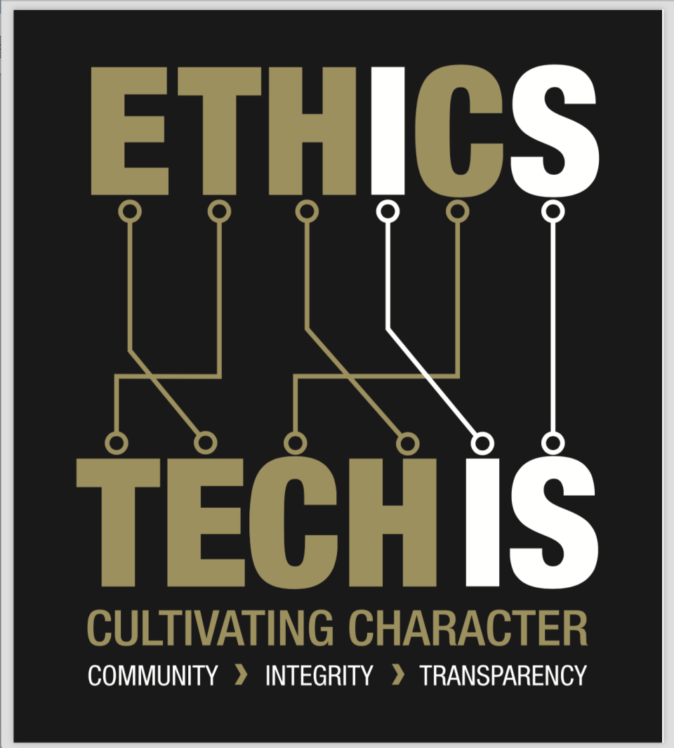 Anagram logo that rearranges the letter of ETHICS to TECH IS
