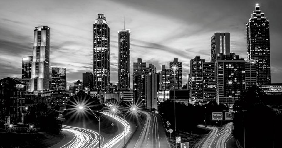 Black and white shot of a city skyline