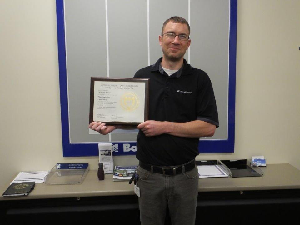 Chantrey Reece holding Manufacturing Leadership Certificate