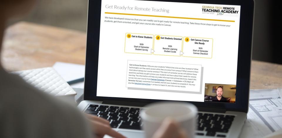Laptop with remote teaching academy to prepare for remote instruction