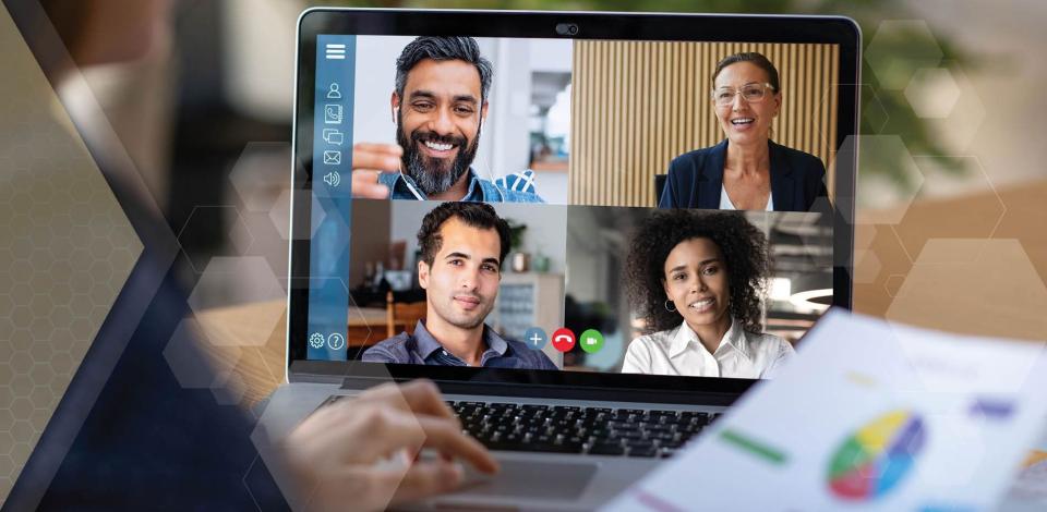 Remote workers practicing virtual meetings best practices through virtual meeting technology.
