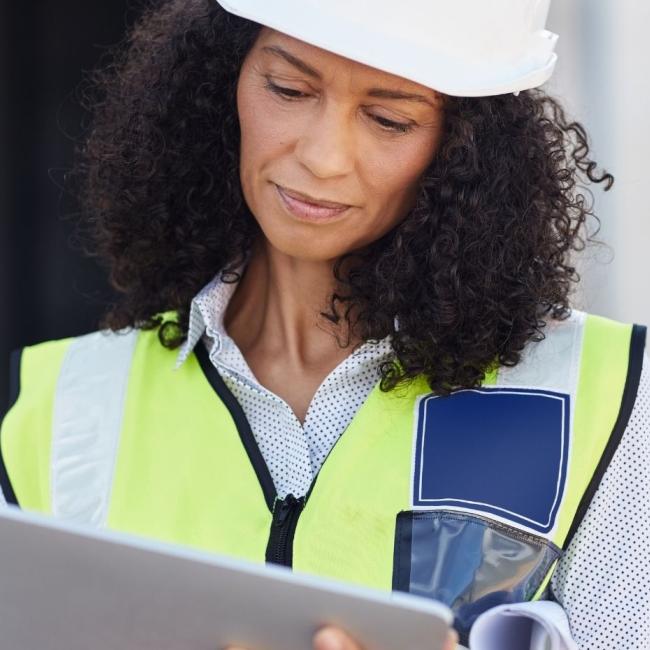 Young female construction engineer wearing a safety vest standing outdoors on a worksite using a digital tablet with workers in the background