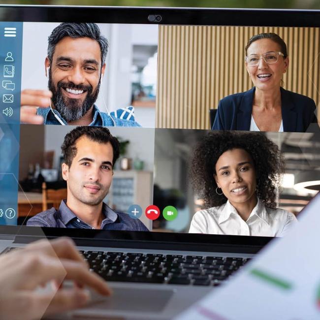 Remote workers practicing virtual meetings best practices through virtual meeting technology.