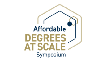 Logo image with gold and navy hexagons in the background and Affordable Degrees at Scale Symposium in text.